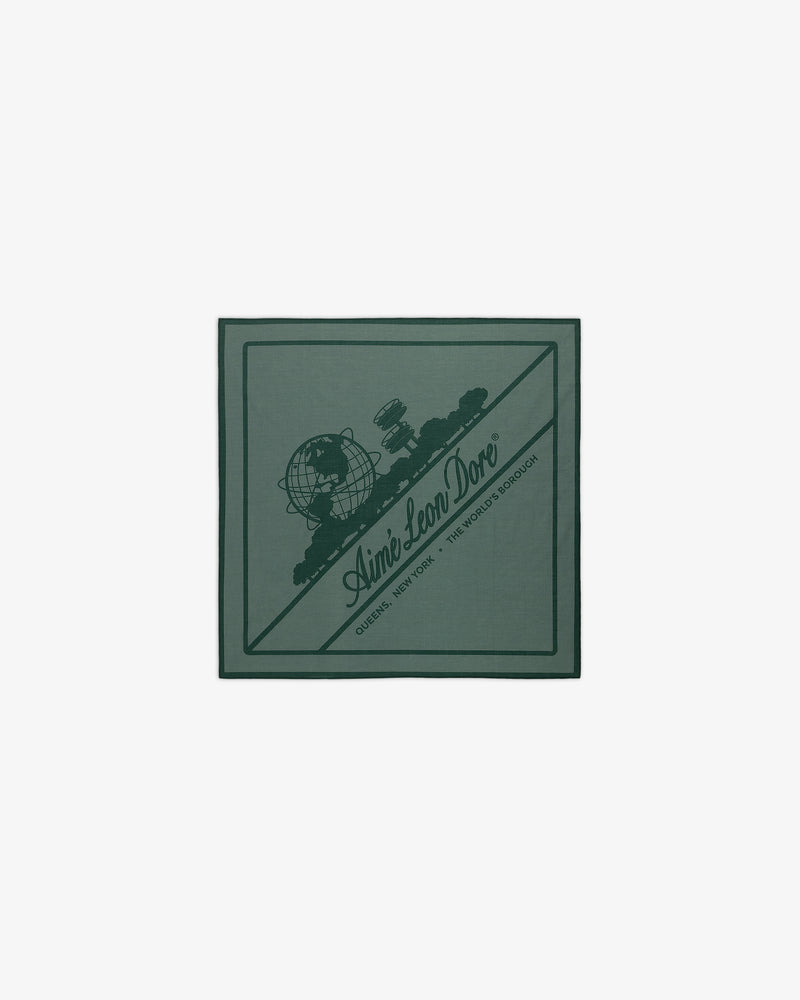 Sun Faded Unisphere Bandana with globe, clouds, Aimé Leon Dore logo, and city names printed in dark green on front.