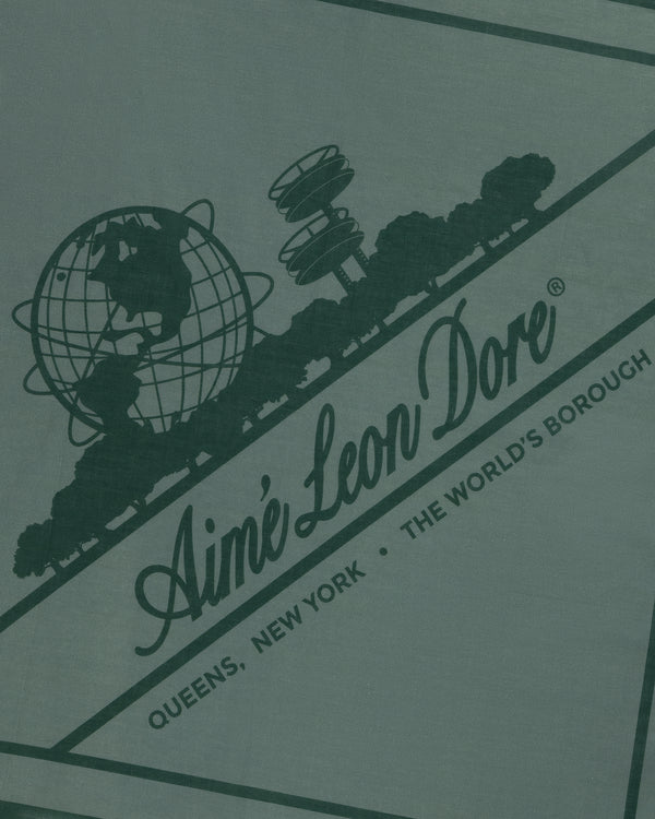 Dark green Sun Faded Unisphere Bandana with globe, trees, towers, and Aimé Leon Dore Queens The World's Borough text.