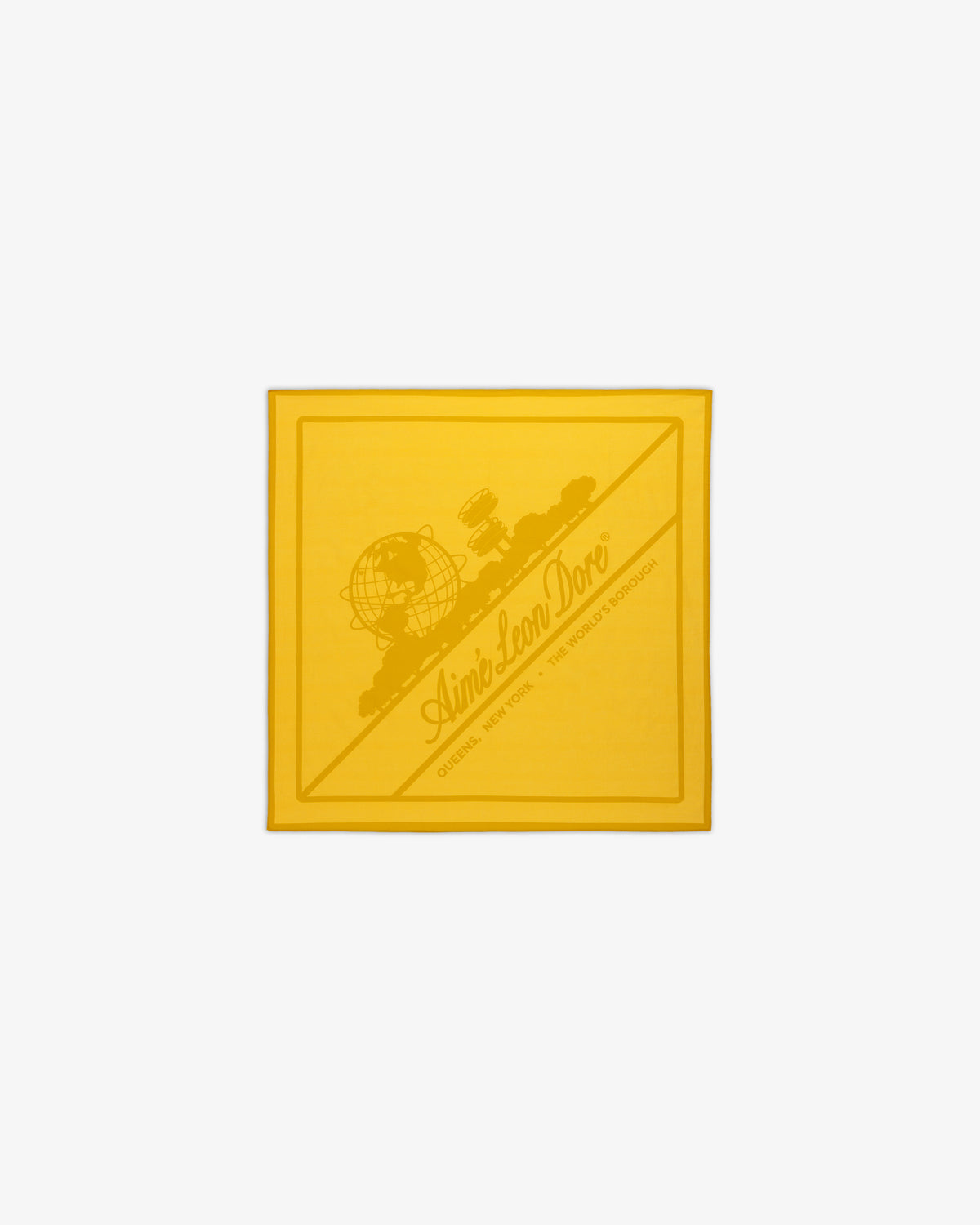 Sun Faded Unisphere Bandana: yellow square with globe, satellite graphic & “Aime Leon Dore” text in the center.