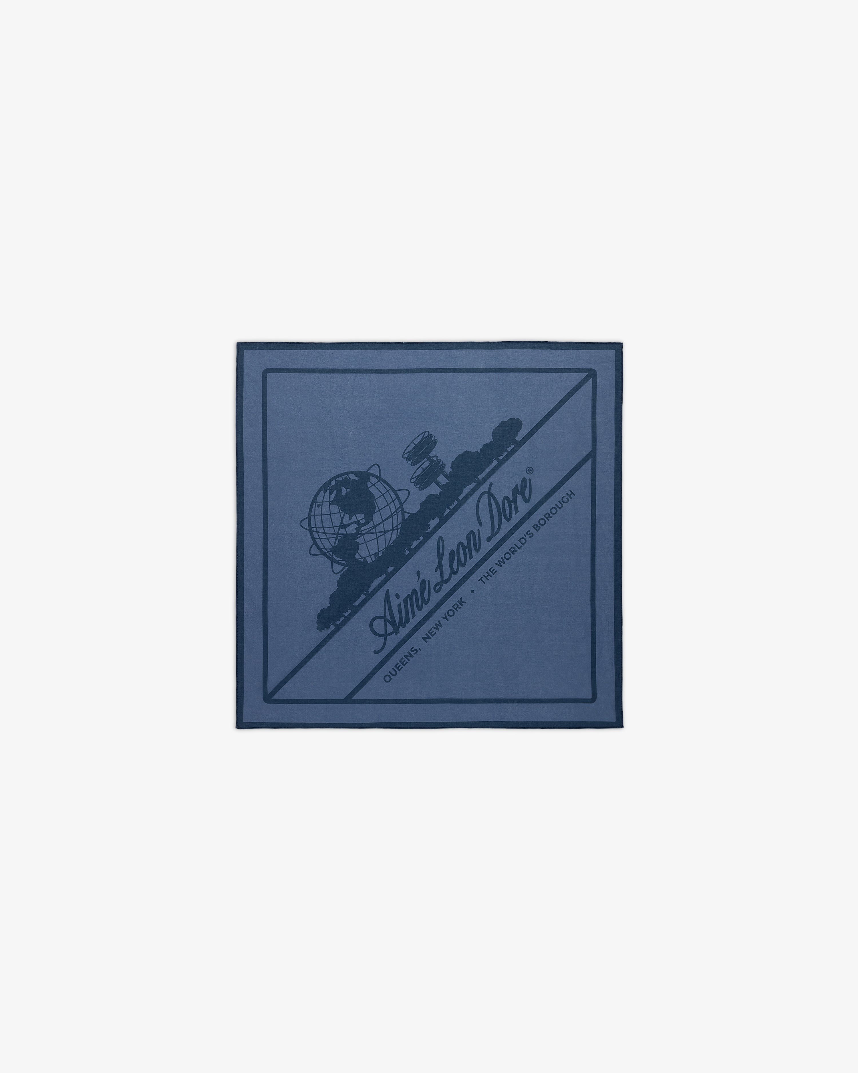 The Sun Faded Unisphere Bandana features a globe, satellite, New York branding, and Aimé Leon Dore text.