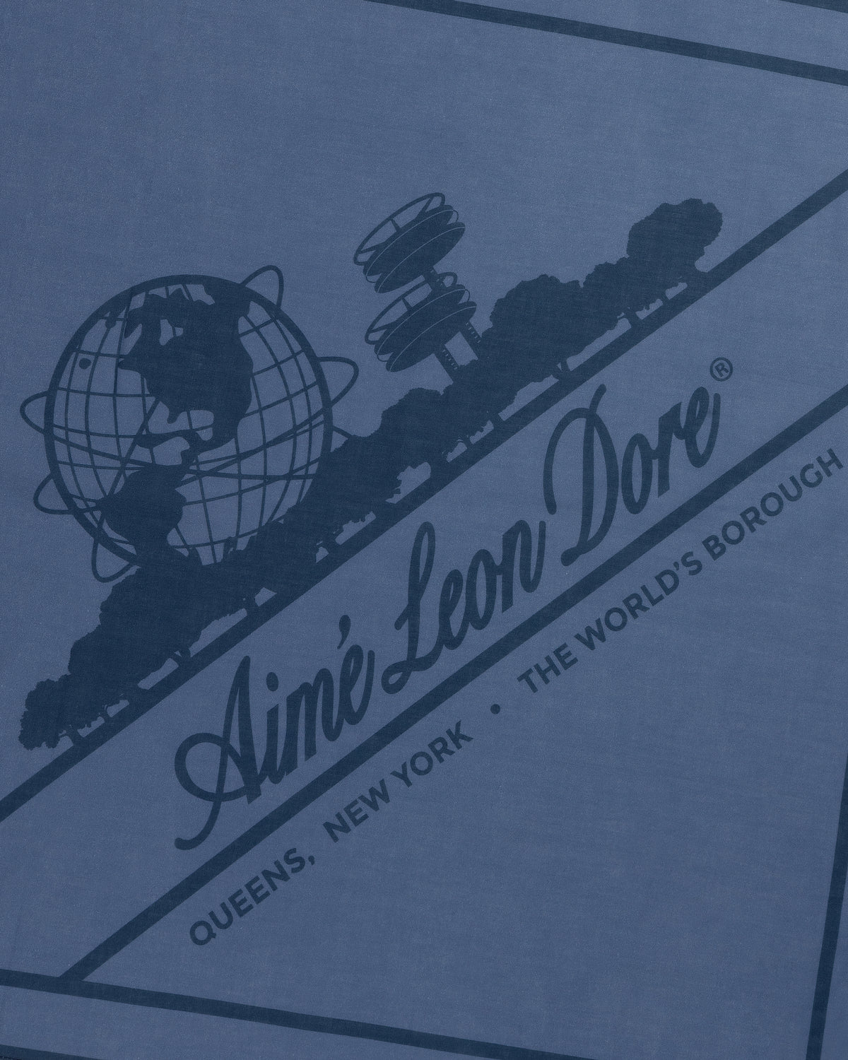 Navy Sun Faded Unisphere Bandana with globe, trees, and text: Aimé Leon Dore, Queens, New York, The Worlds Borough.