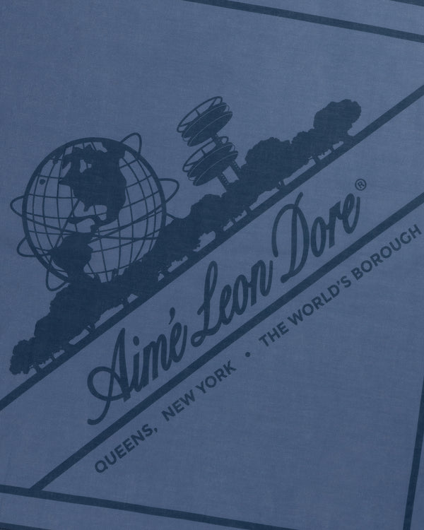 Navy Sun Faded Unisphere Bandana with globe, trees, and text: Aimé Leon Dore, Queens, New York, The Worlds Borough.