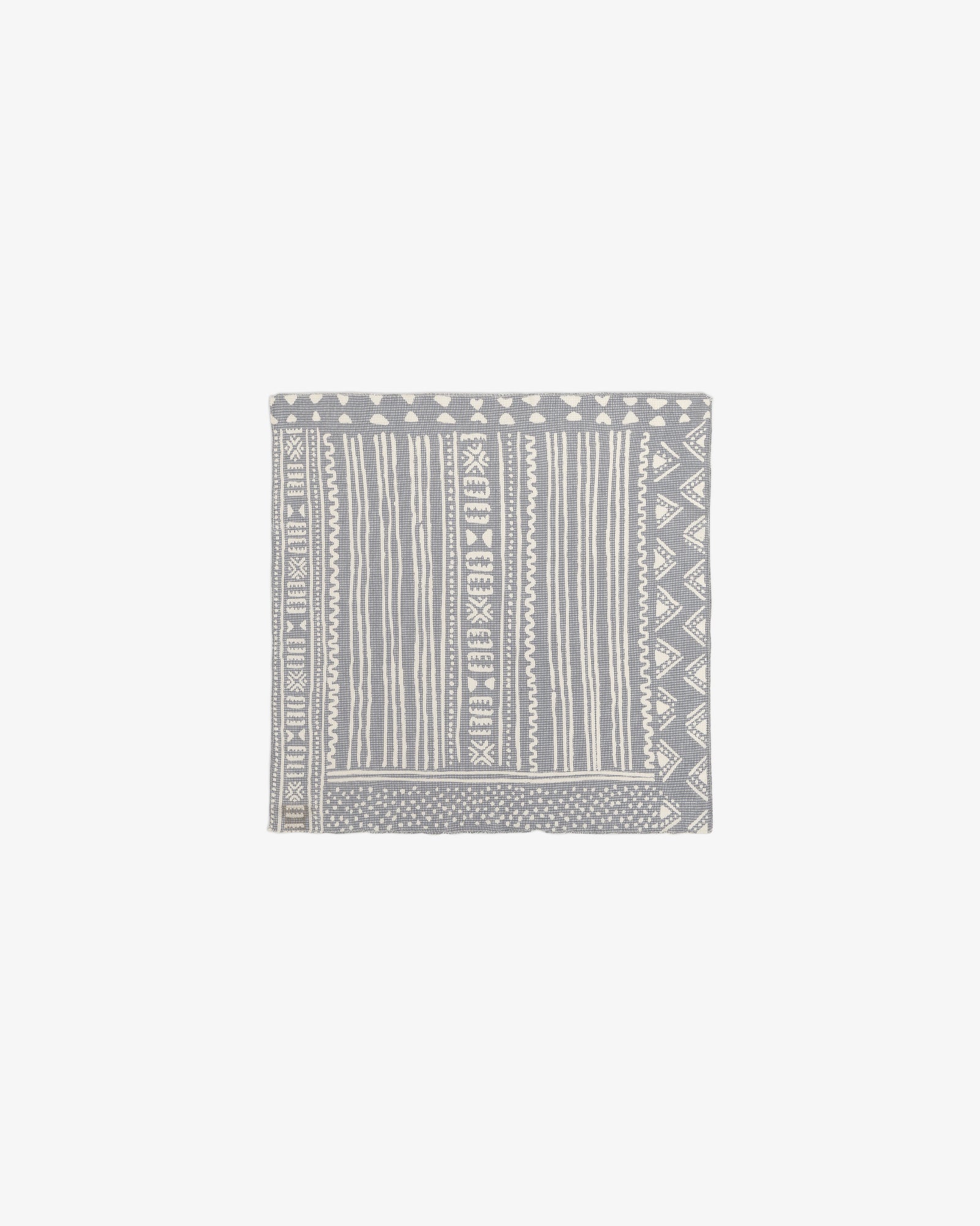 Mesh Tapestry Bandana in gray with white geometric and stripe patterns, displayed on a plain white background.