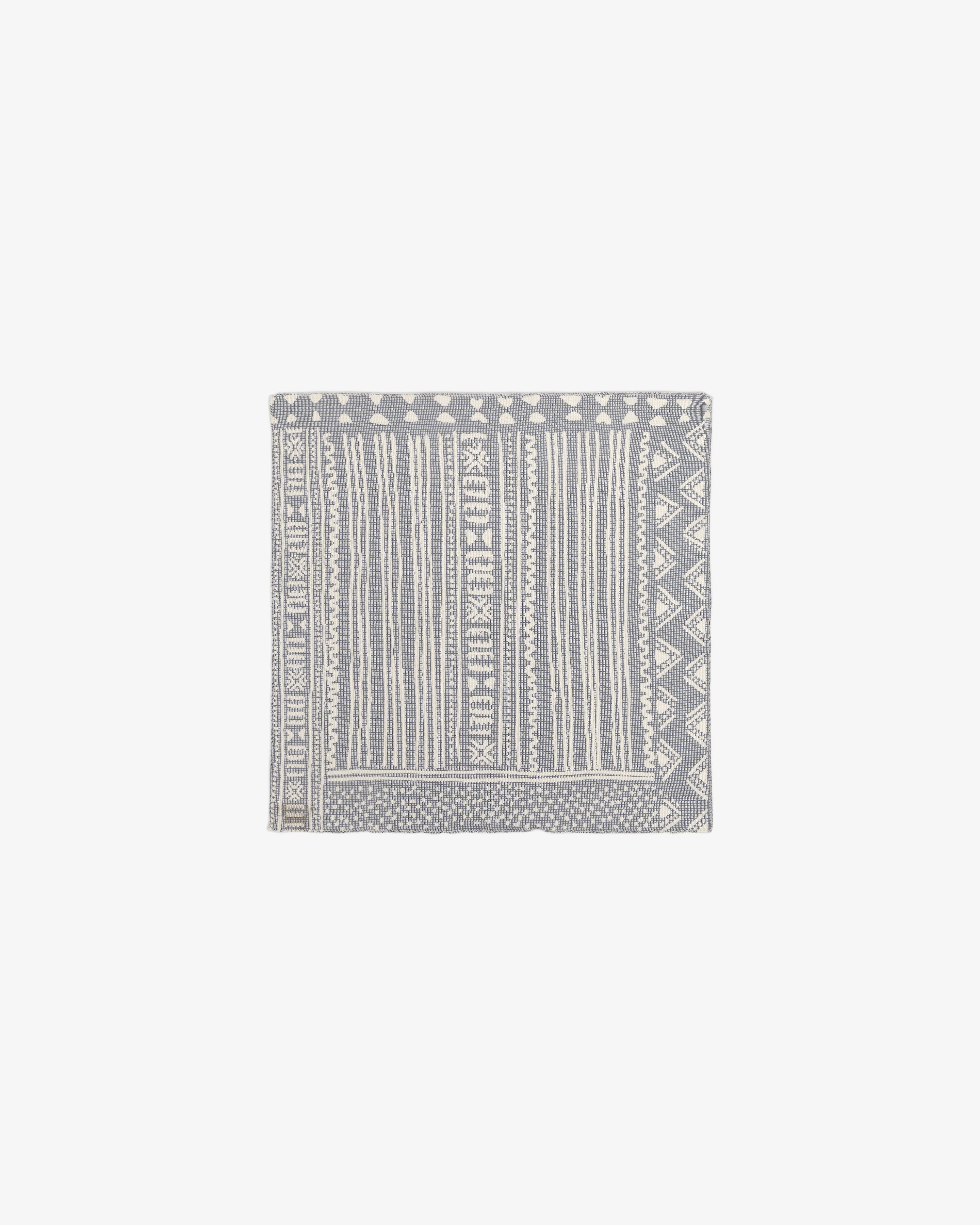 Mesh Tapestry Bandana in gray with white geometric and stripe patterns, displayed on a plain white background.
