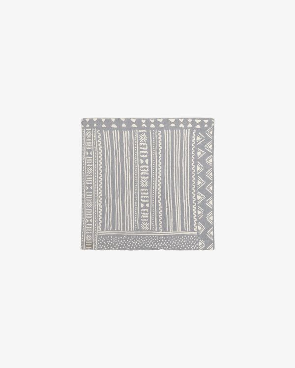 Mesh Tapestry Bandana in gray with white geometric and stripe patterns, displayed on a plain white background.