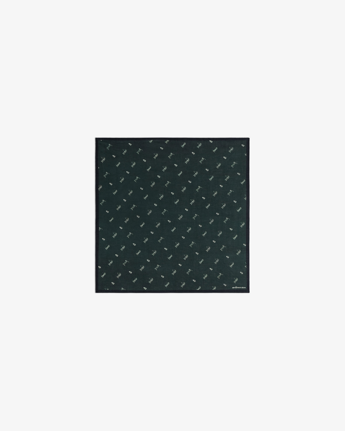 The ALD Golf Swing Bandana is a dark green square featuring a small, repeating pattern of white birds.