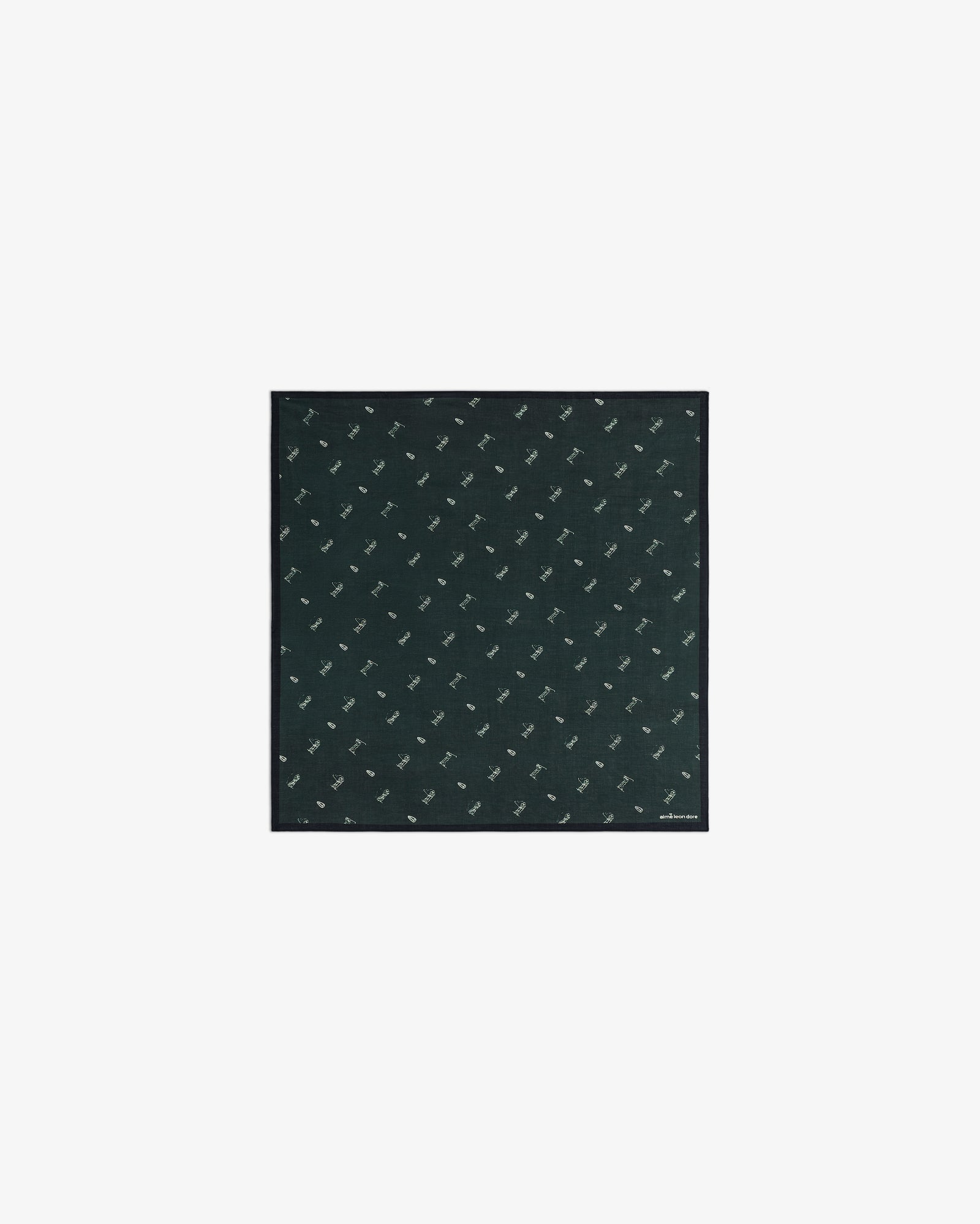 The ALD Golf Swing Bandana is a dark green square featuring a small, repeating pattern of white birds.