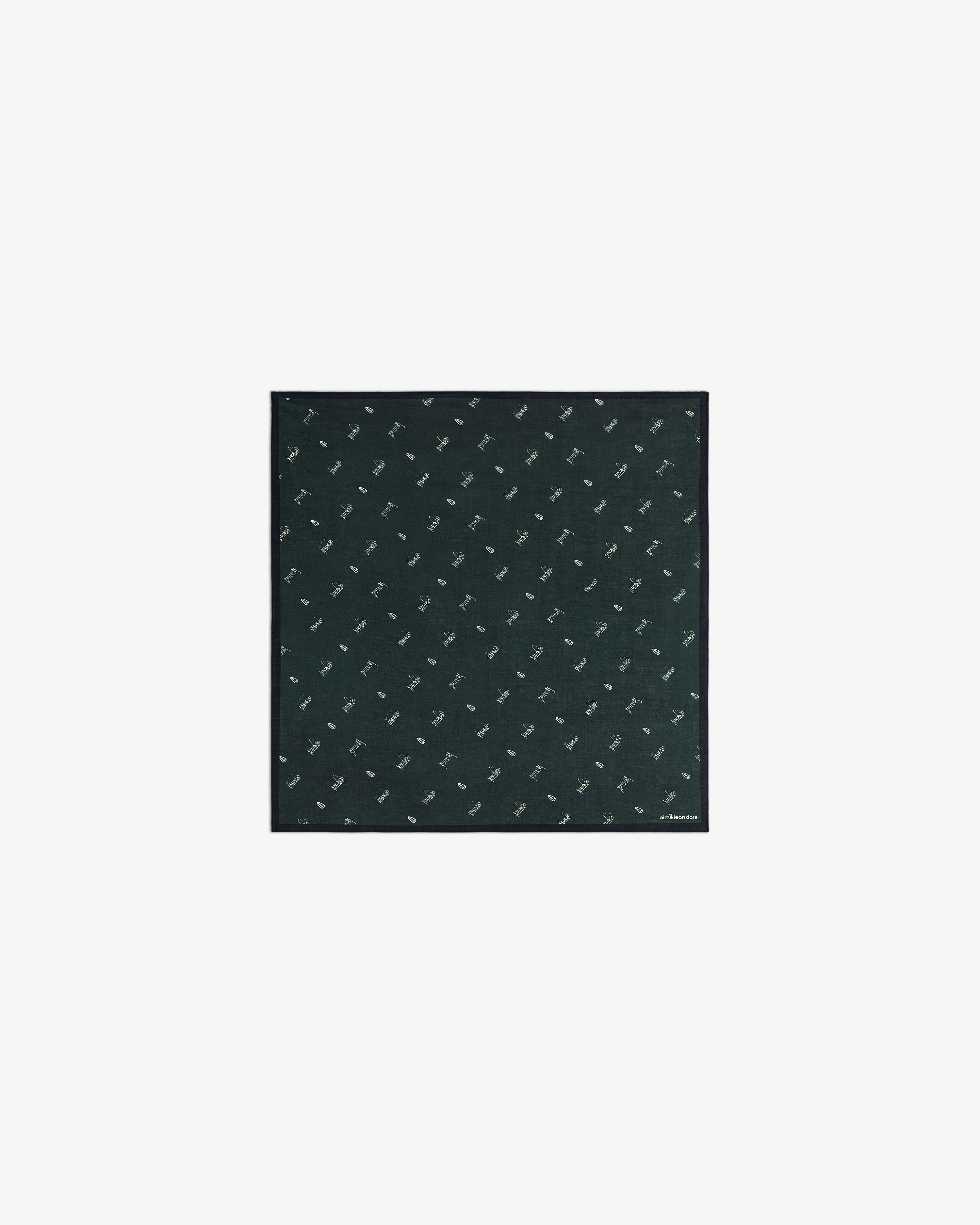 The ALD Golf Swing Bandana is a dark green square featuring a small, repeating pattern of white birds.