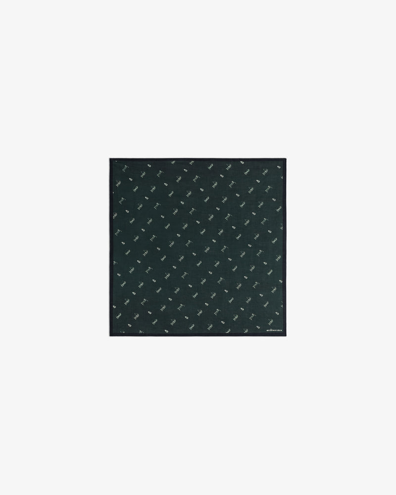 The ALD Golf Swing Bandana is a dark green square featuring a small, repeating pattern of white birds.