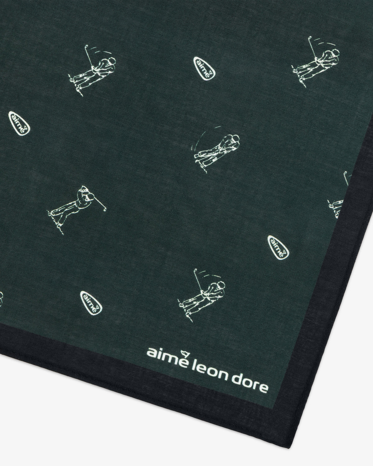 The ALD Golf Swing Bandana features a dark green base, white golfer graphics, black border, and corner logo text.