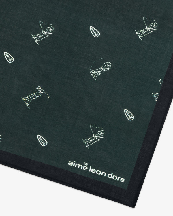 The ALD Golf Swing Bandana features a dark green base, white golfer graphics, black border, and corner logo text.
