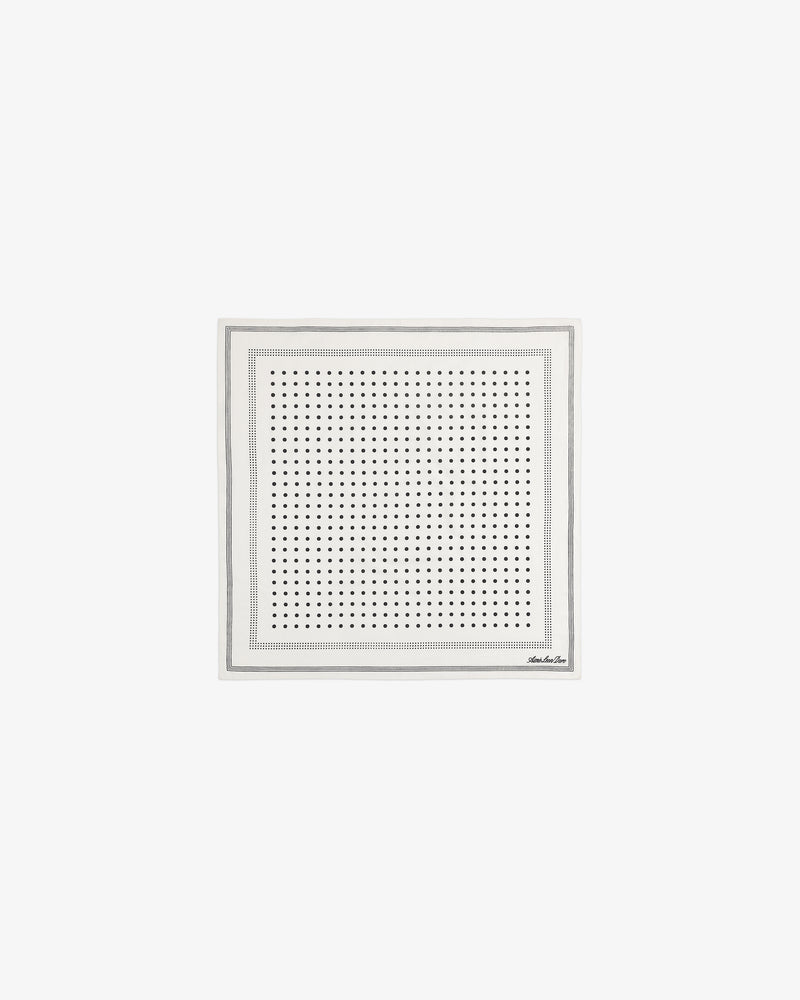 Polka Dot Bandana: White square scarf with black polka dots and a slim black border around the edges.