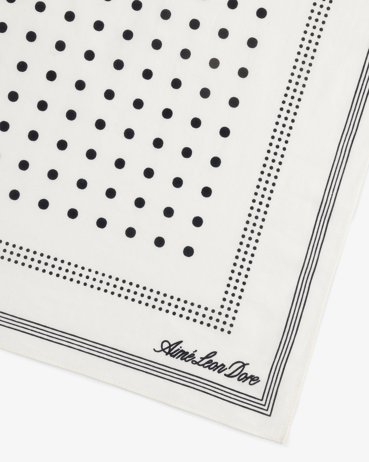 Polka Dot Bandana: White with black polka dots, striped borders, and Aimé Leon Dore text in the corner.
