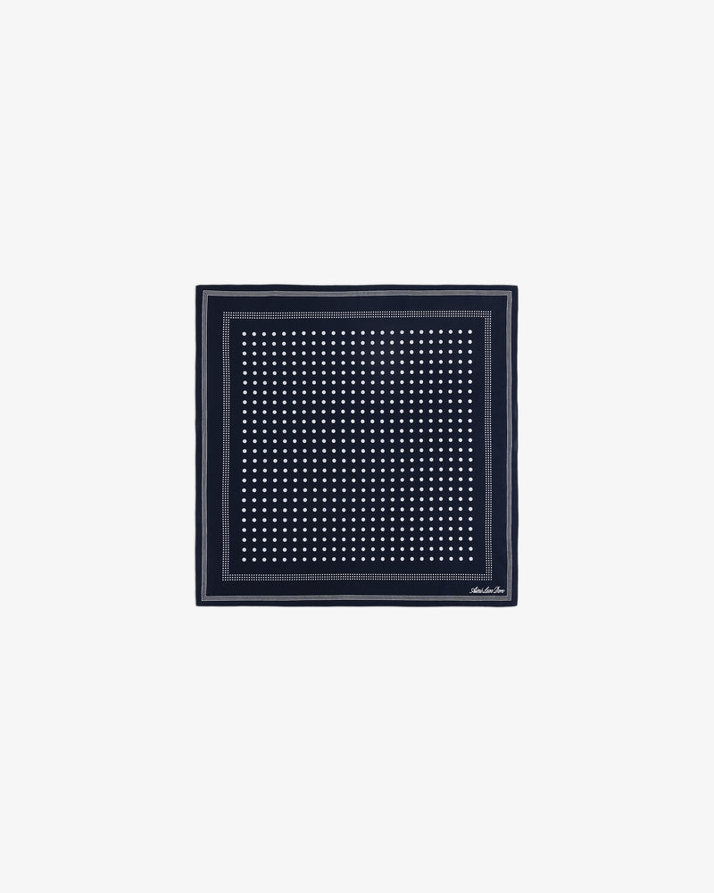 Polka Dot Bandana: Navy blue square scarf with white polka dots and a thin white border.