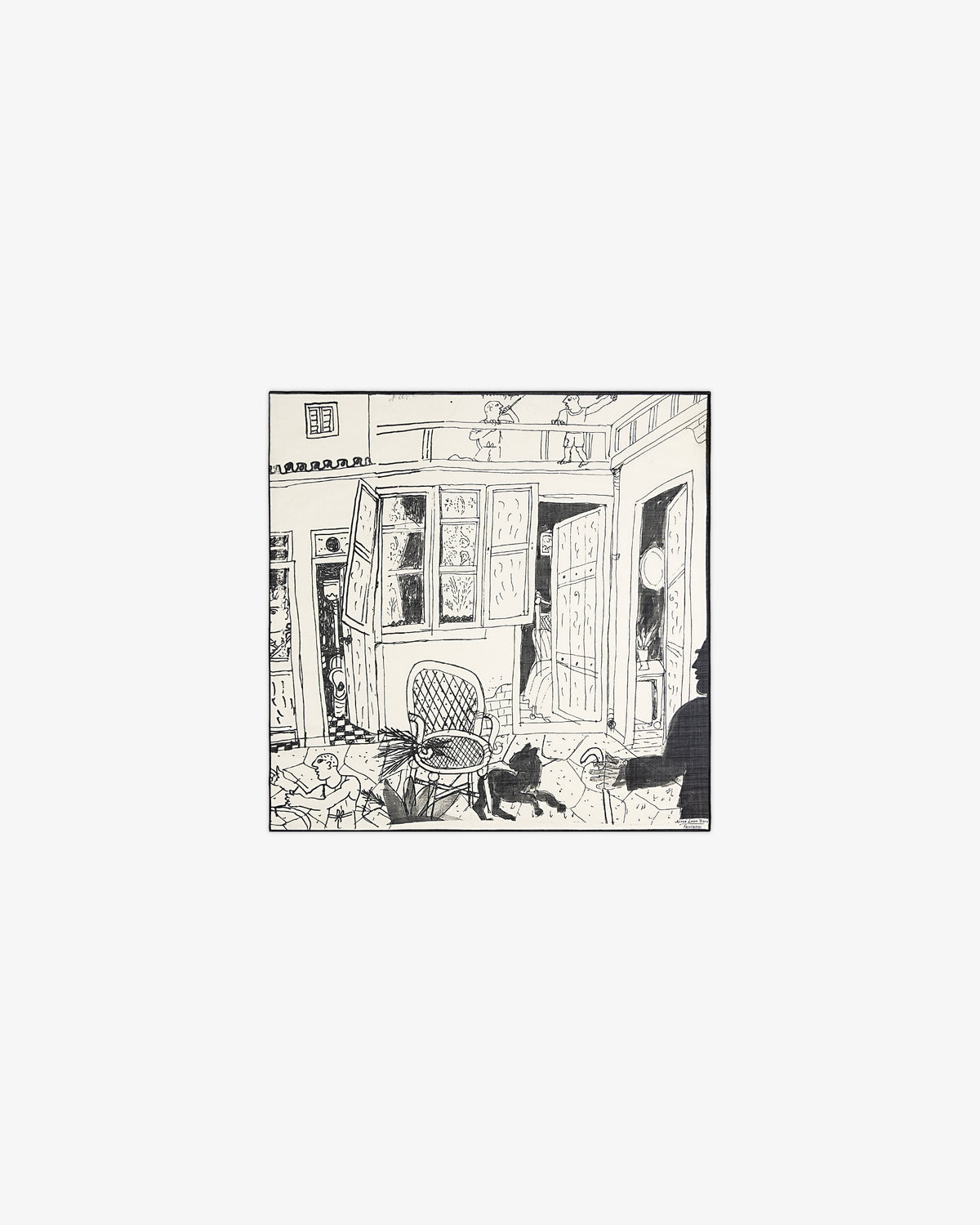 Black and white sketch on the Fassianos Neighborhood Bandana: porch, open doors, chair, scattered items, and a cat.