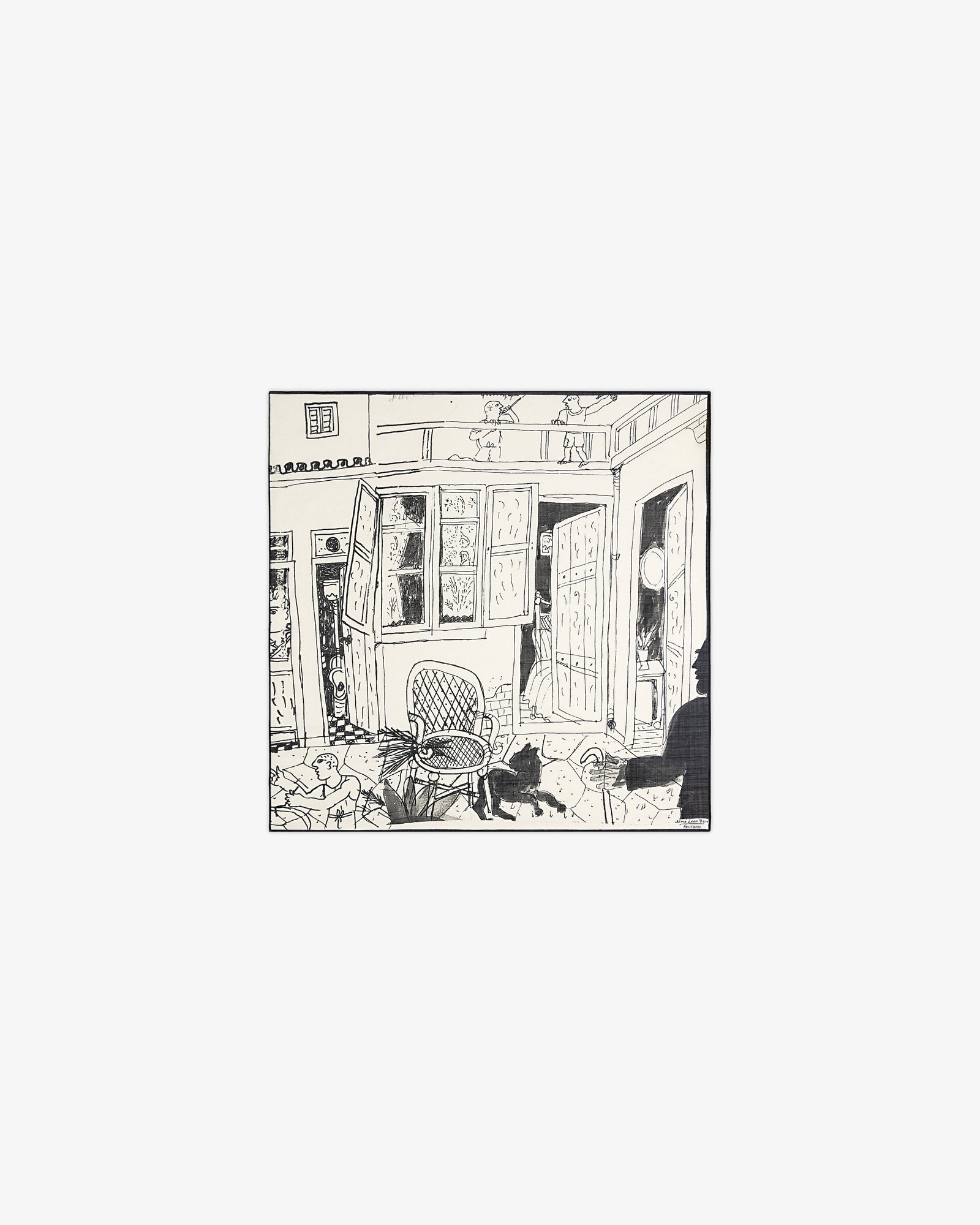 Black and white sketch on the Fassianos Neighborhood Bandana: porch, open doors, chair, scattered items, and a cat.