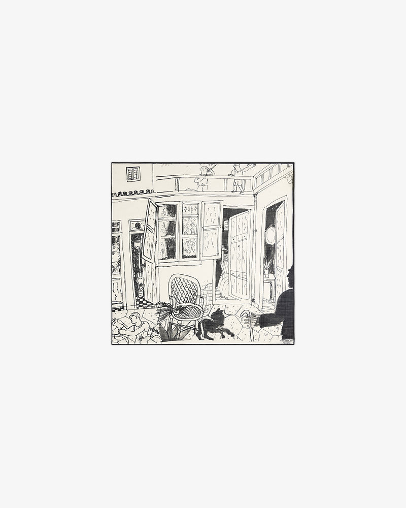Black and white sketch on the Fassianos Neighborhood Bandana: porch, open doors, chair, scattered items, and a cat.