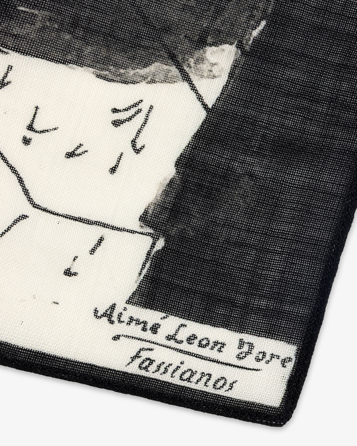 A close-up of the Fassianos Neighborhood Bandana featuring abstract black line art and the Aimé Leon Dore signature.