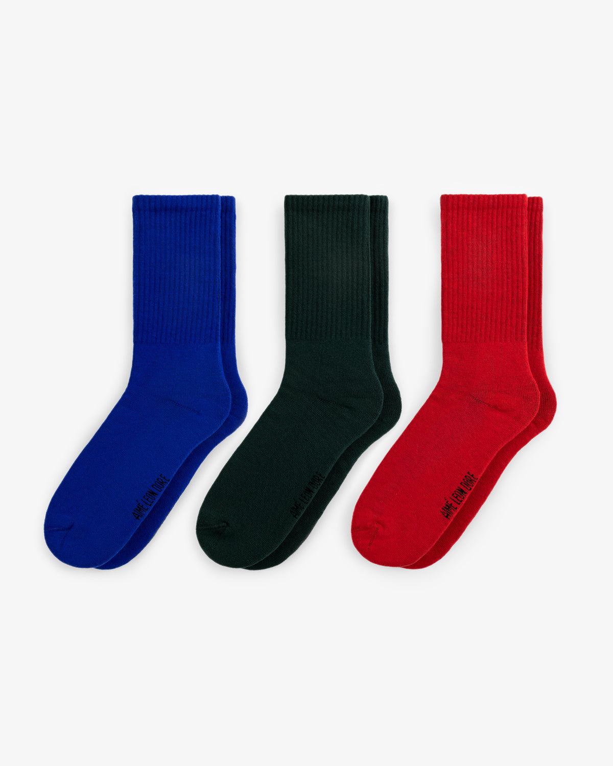 Crew Sock 3-Pack in blue, black, and red shown side by side on a white background.