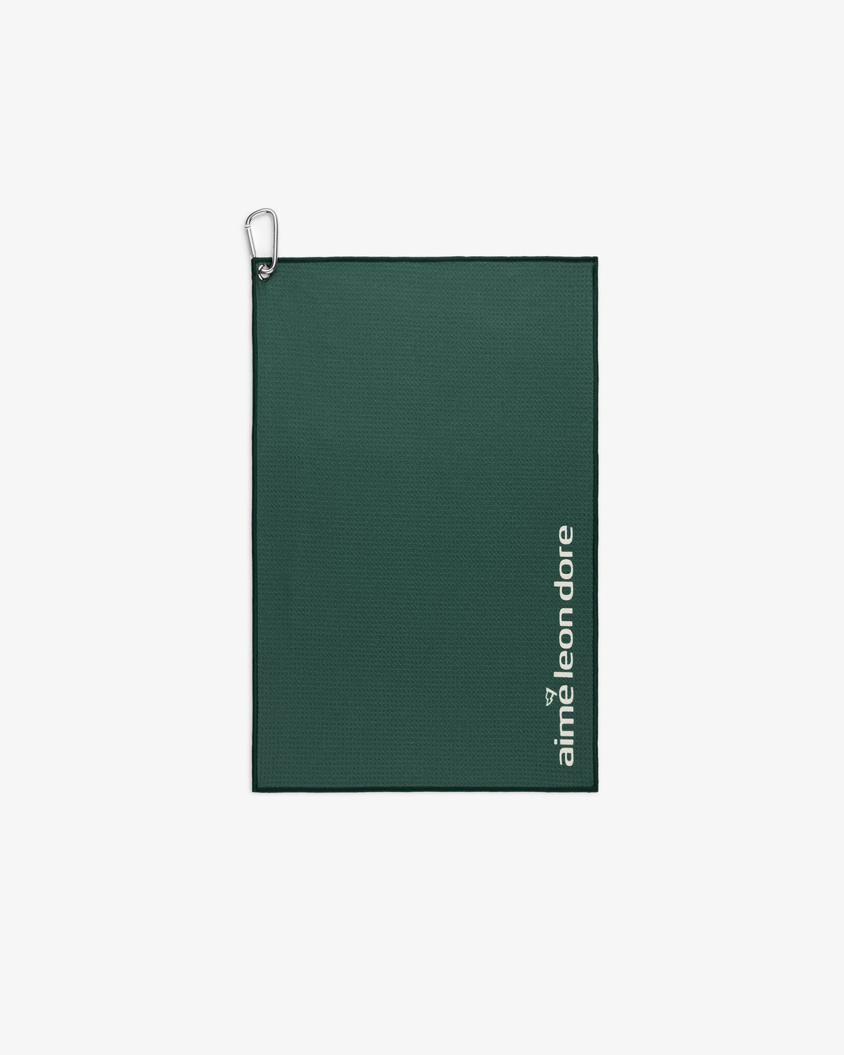 ALD Golf Caddy Towel: dark green, rectangular with aimé leon dore text and a small carabiner at top left.
