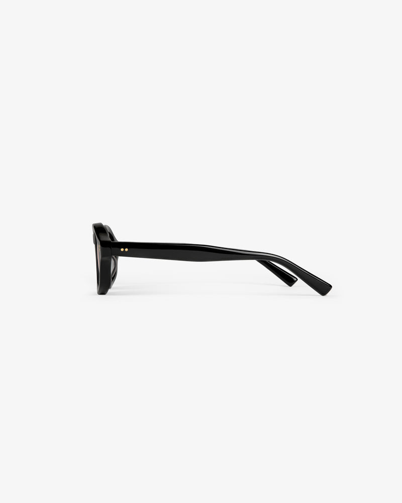 Side view of Onásis Sunglasses in black with thick, straight arms, shown against a plain white background.