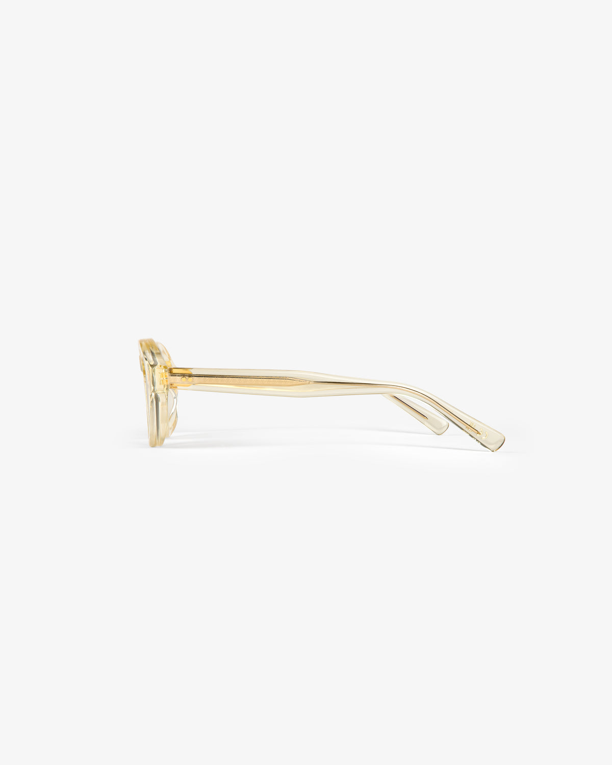 Side view of Onásis Sunglasses with clear yellow rectangular frames and slightly curved arms on a white background.