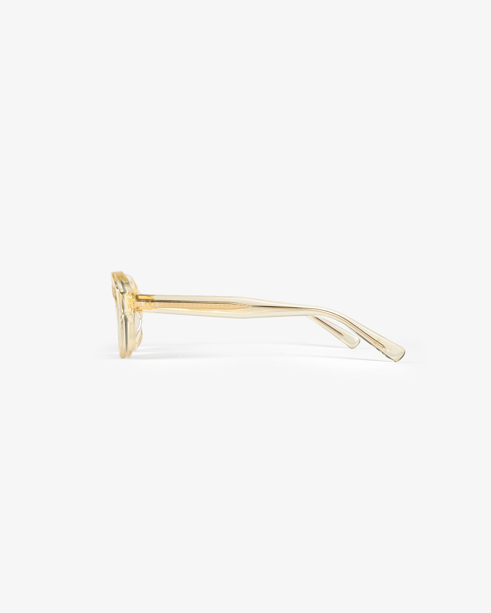 Side view of Onásis Sunglasses with clear yellow rectangular frames and slightly curved arms on a white background.