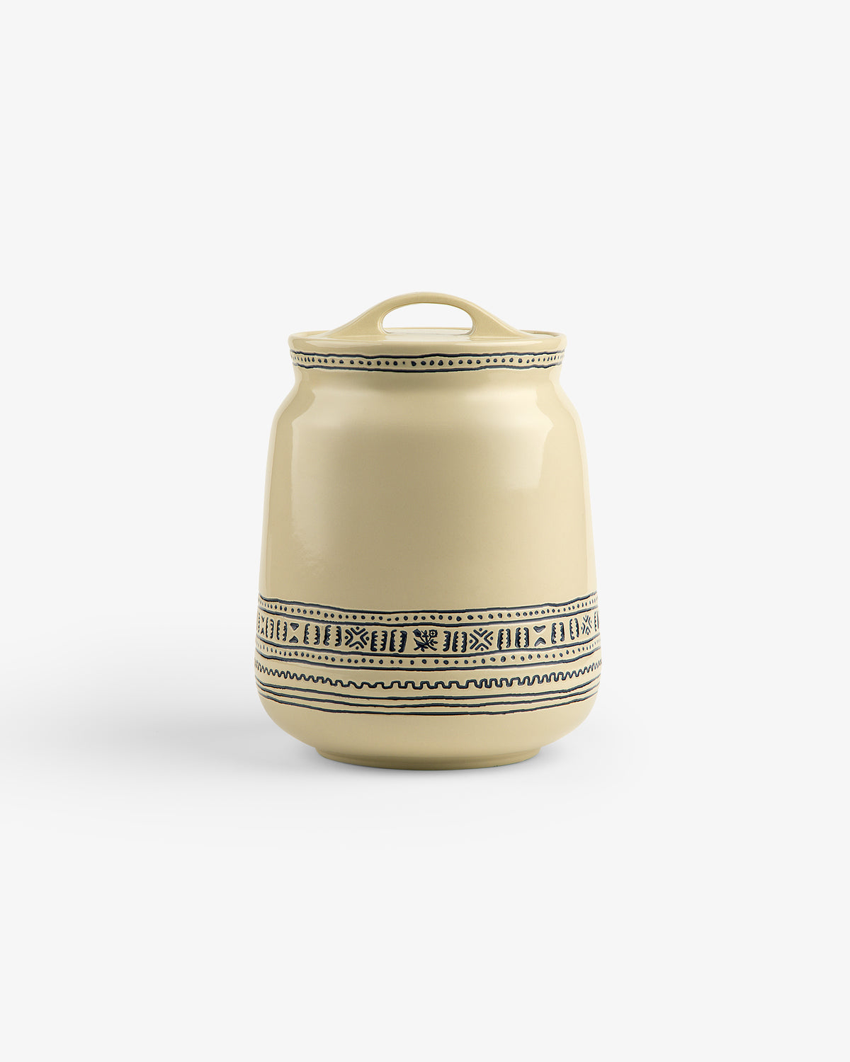 Textile Patterned Treat Jar: beige ceramic with lid and black geometric patterns around the base on a white background.