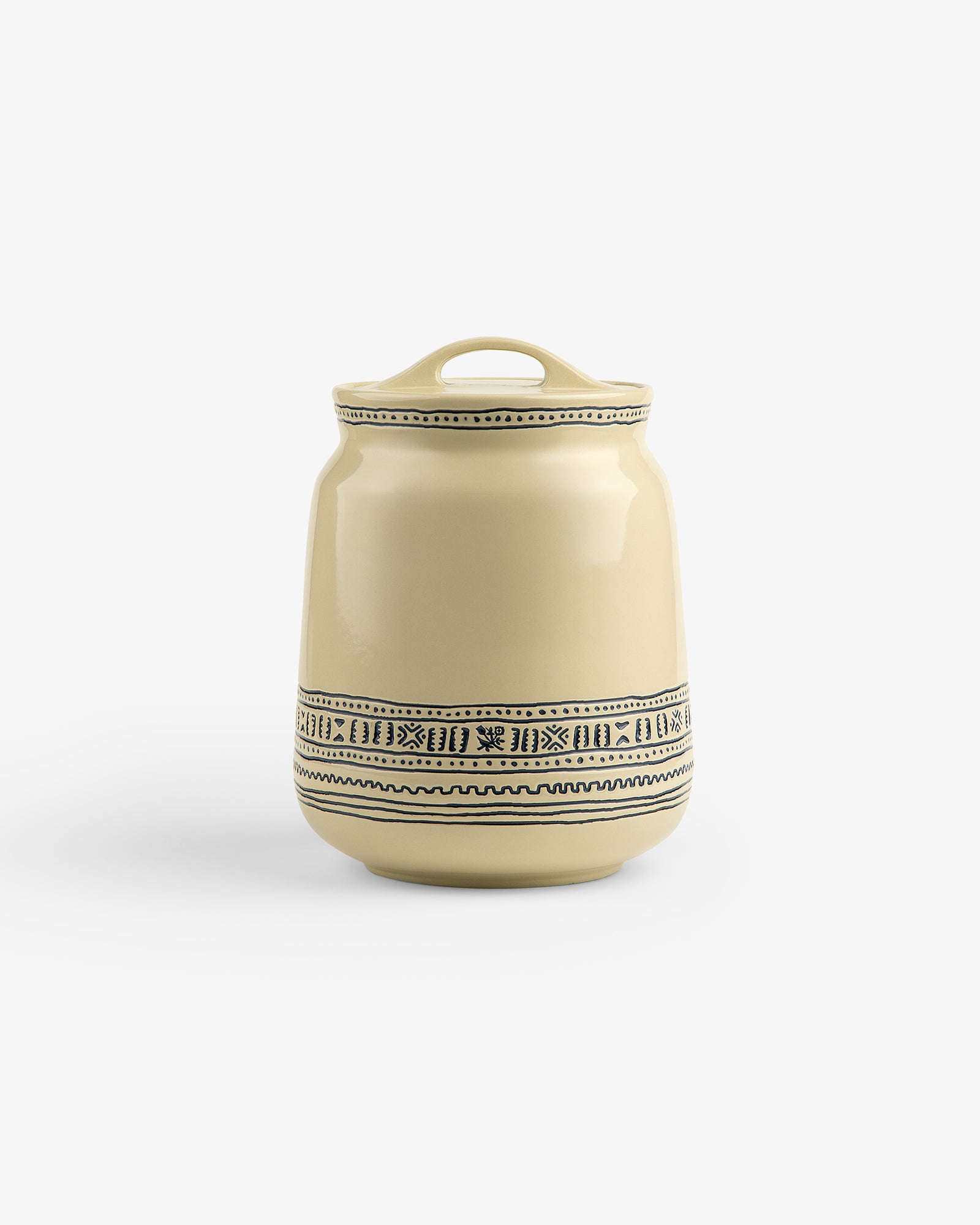 Textile Patterned Treat Jar: beige ceramic with lid and black geometric patterns around the base on a white background.