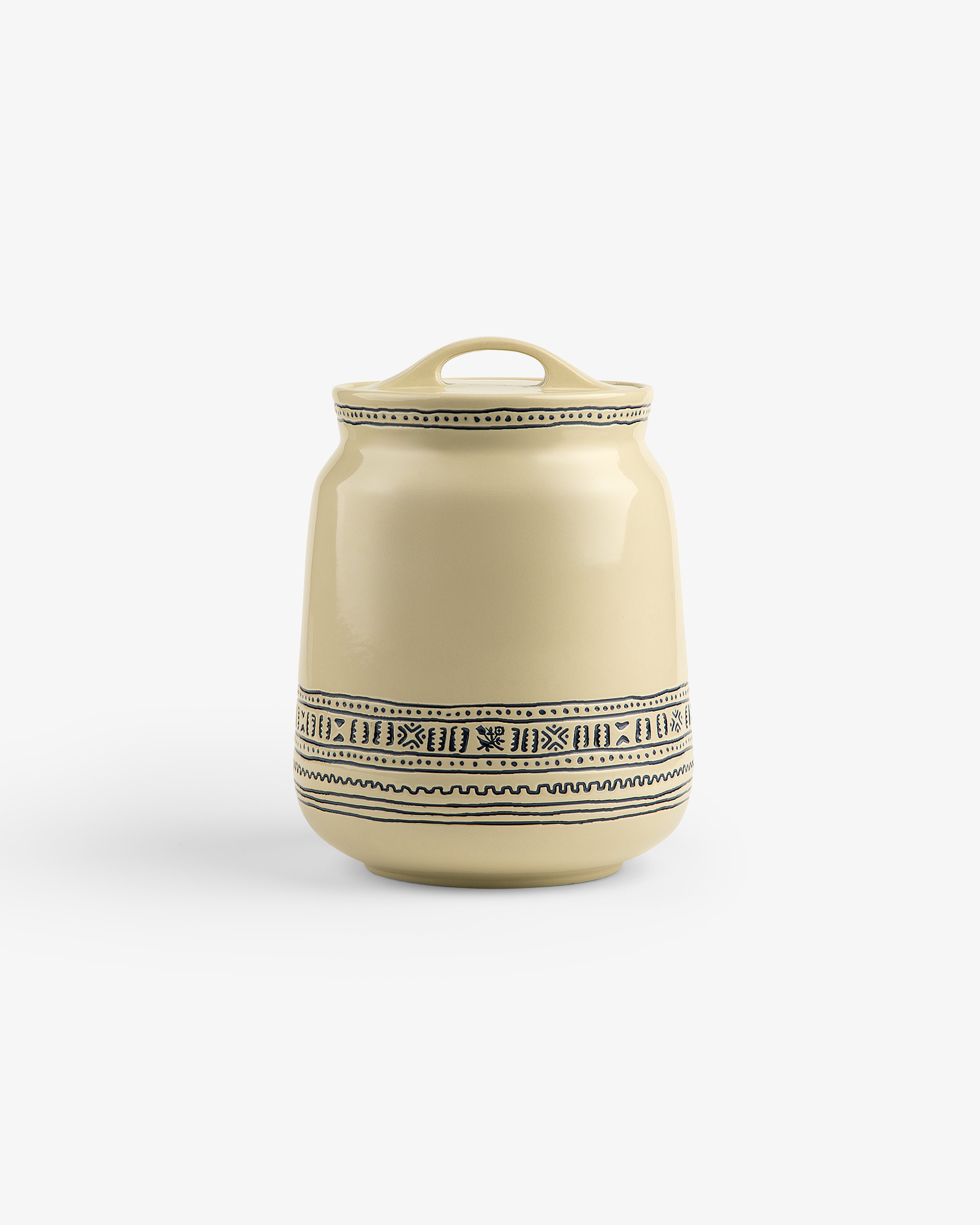 Textile Patterned Treat Jar: beige ceramic with lid and black geometric patterns around the base on a white background.