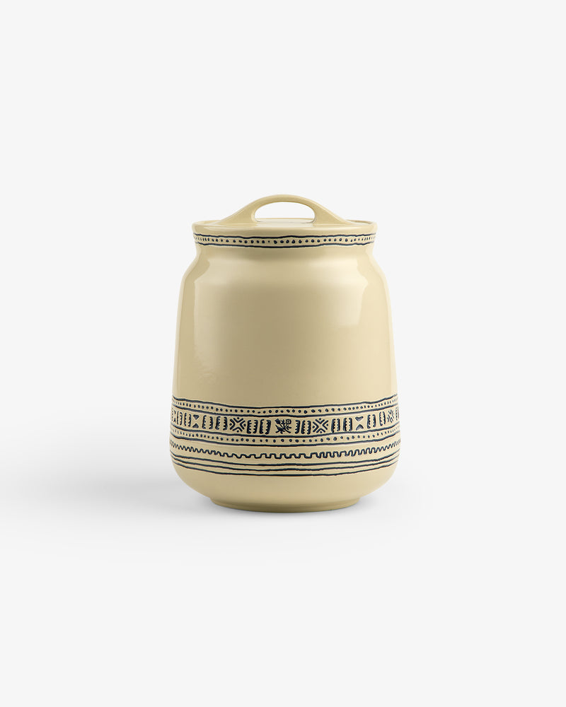 Textile Patterned Treat Jar: beige ceramic with lid and black geometric patterns around the base on a white background.