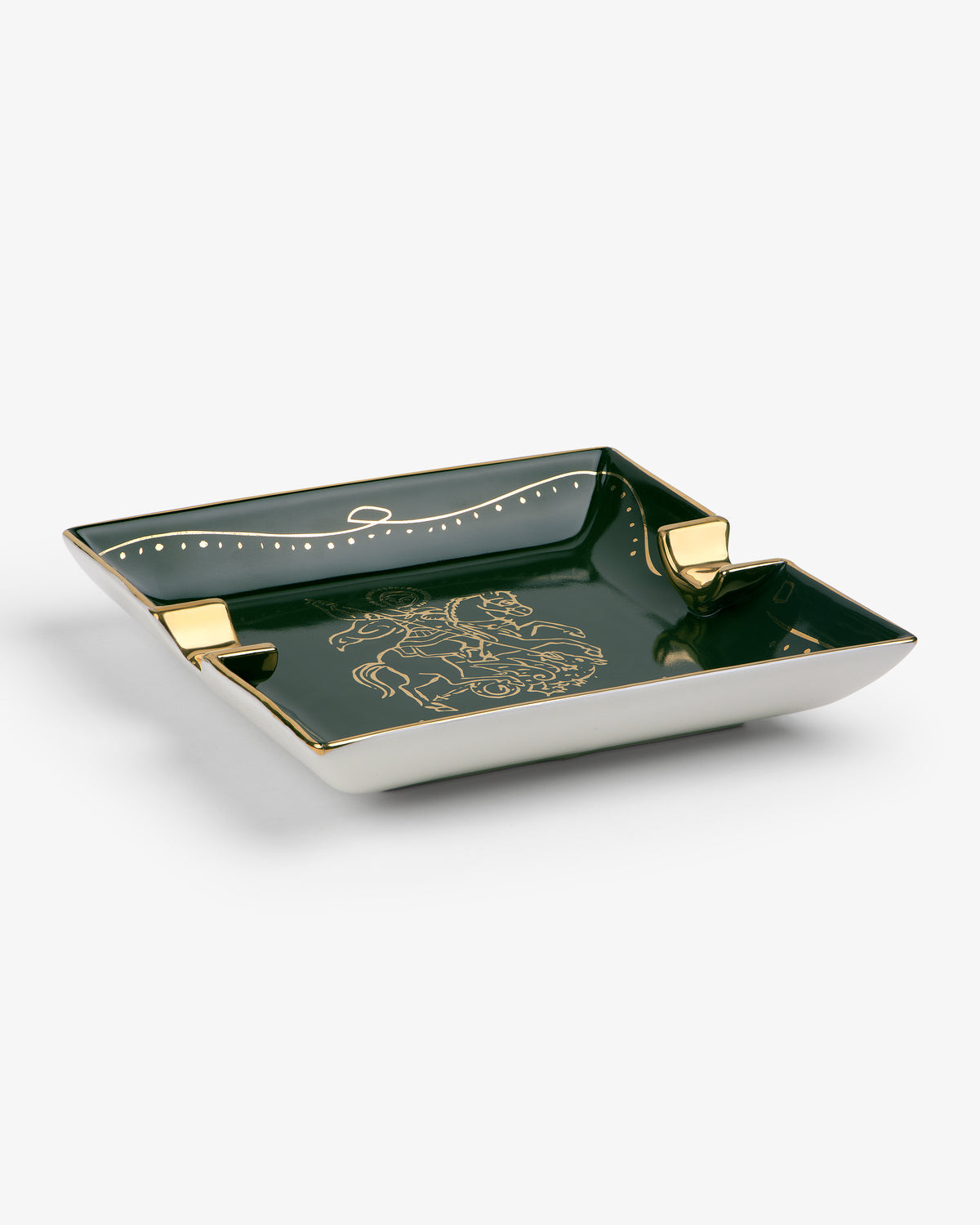 Saint George Ashtray: square green ceramic ashtray with gold accents and a central gold design on white background.