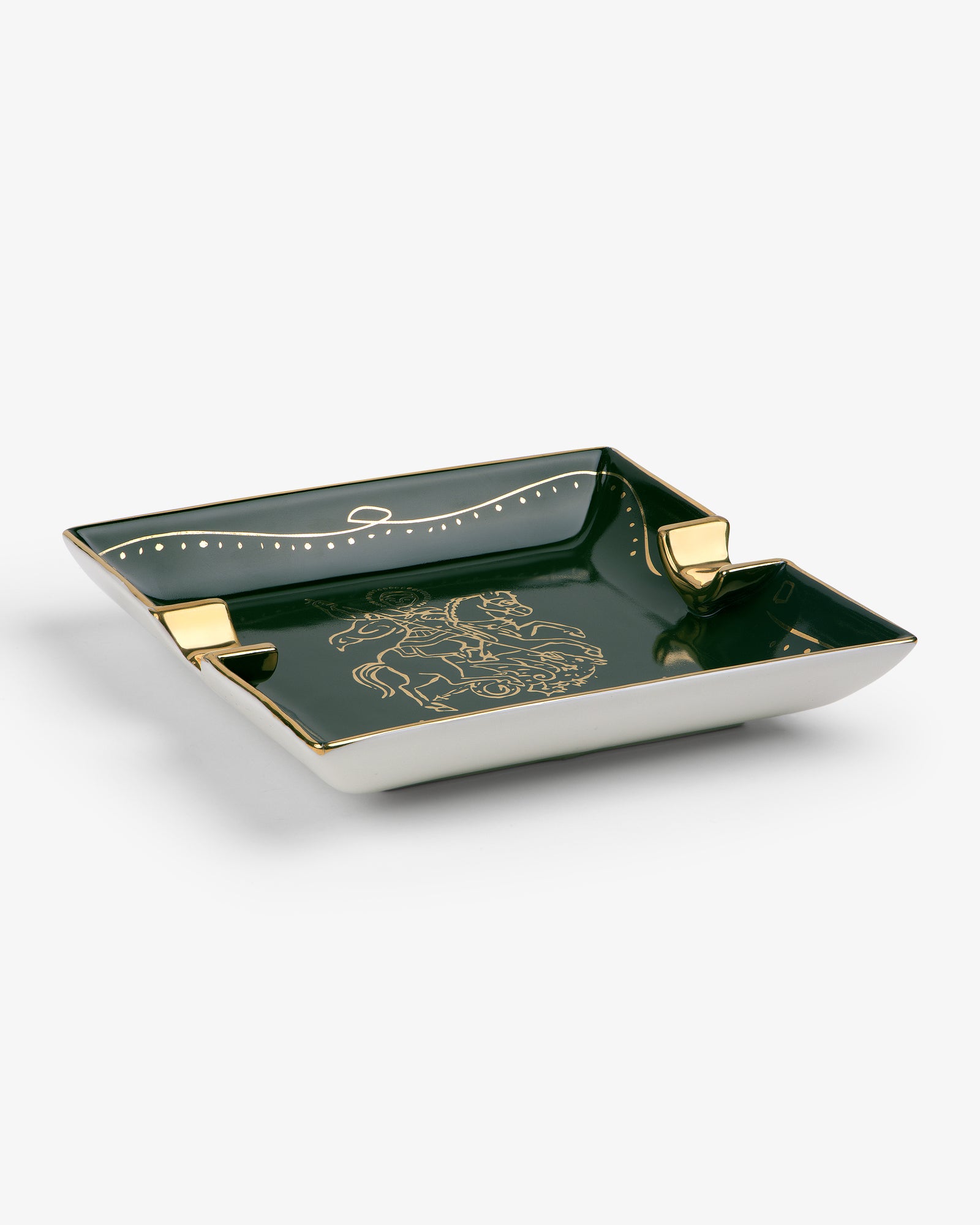 Saint George Ashtray: square green ceramic ashtray with gold accents and a central gold design on white background.