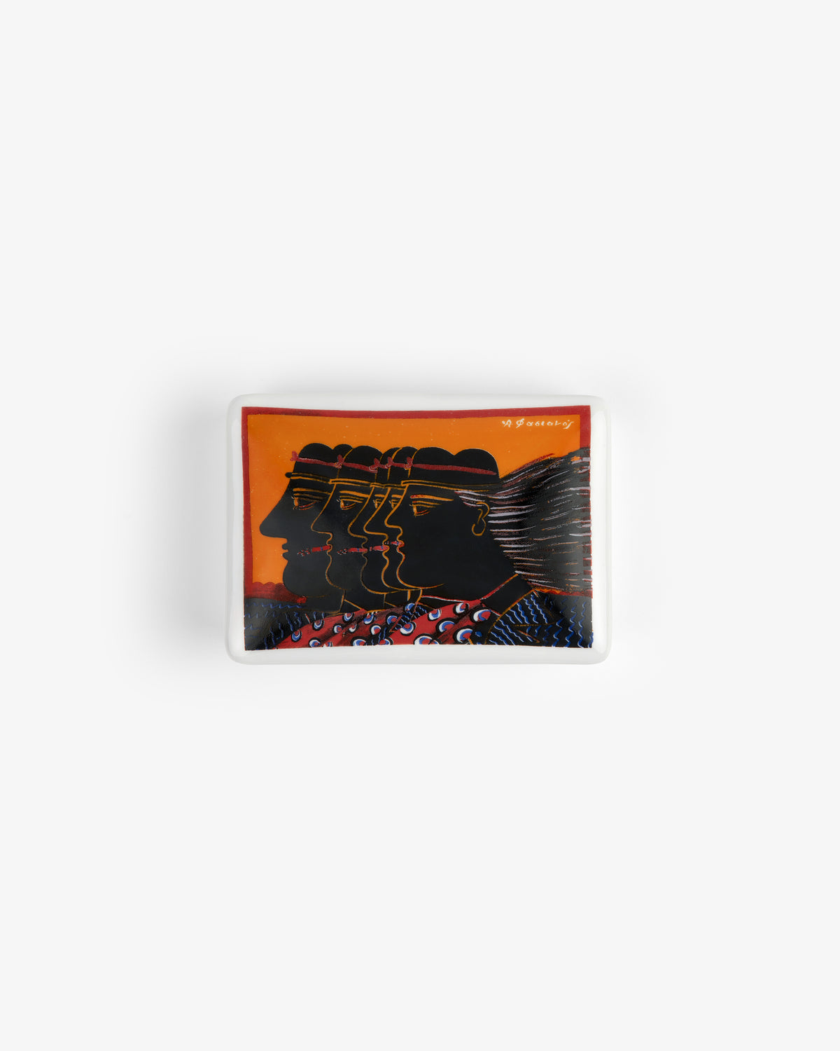 Fassianos "Friendship" Card Box featuring colorful, stylized overlapping faces in profile on an orange background.