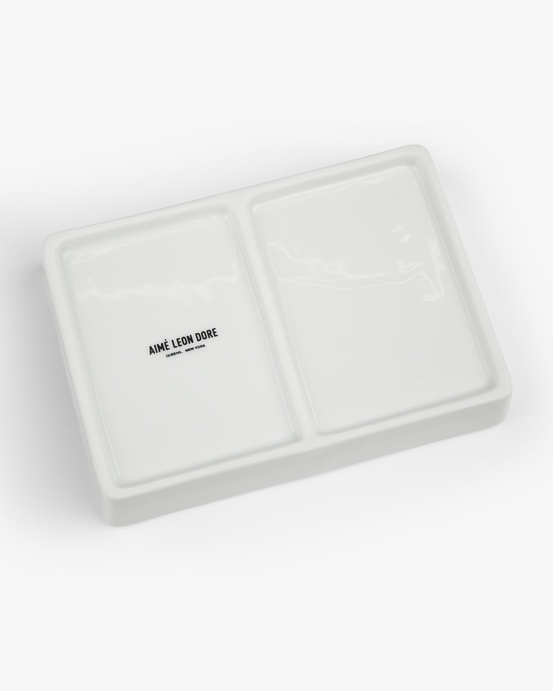 Fassianos "Friendship" Card Box: rectangular white ceramic tray, two sections, one labeled AIMÉ LEON DORE.