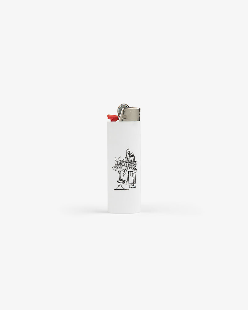 The Caricature Lighter is white with a small black line drawing of a character at a table holding a drink.