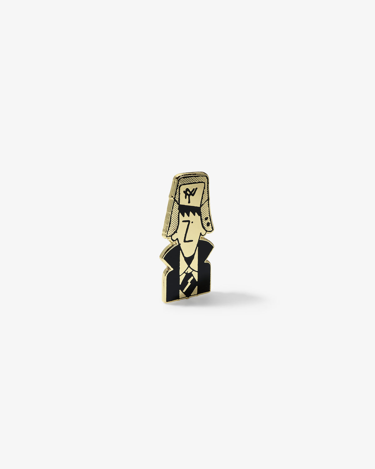 The Graphic Pin is a wooden game piece with a cartoon person in a tall hat and coat on a white background.