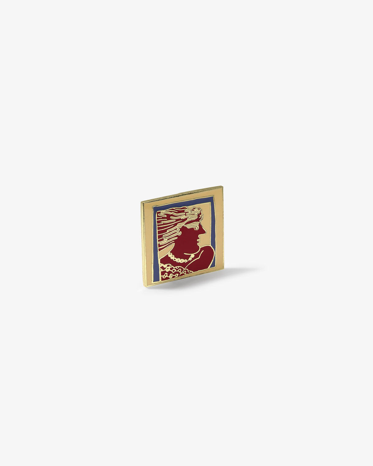Graphic Pin: Square gold pin featuring a red and gold woman's profile with headdress and necklace on white background.