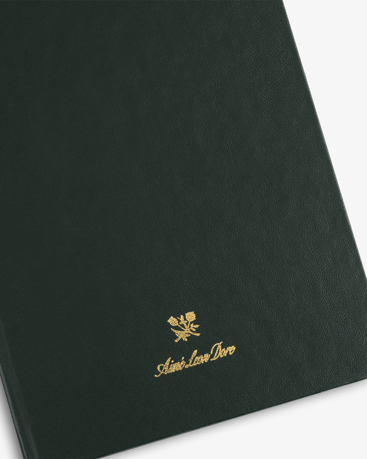 Dark green Crest Sketchbook with gold embossed logo and cursive Aimé Leon Dore text centered on the cover.