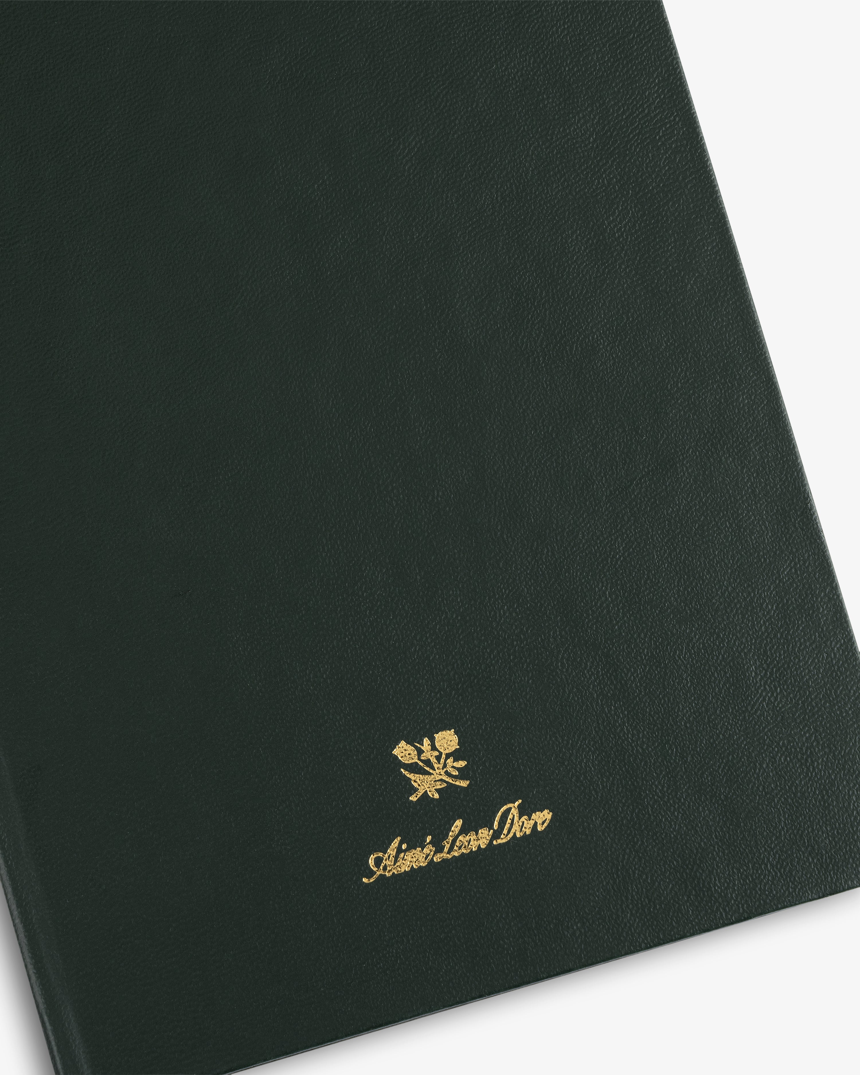 Dark green Crest Sketchbook with gold embossed logo and cursive Aimé Leon Dore text centered on the cover.