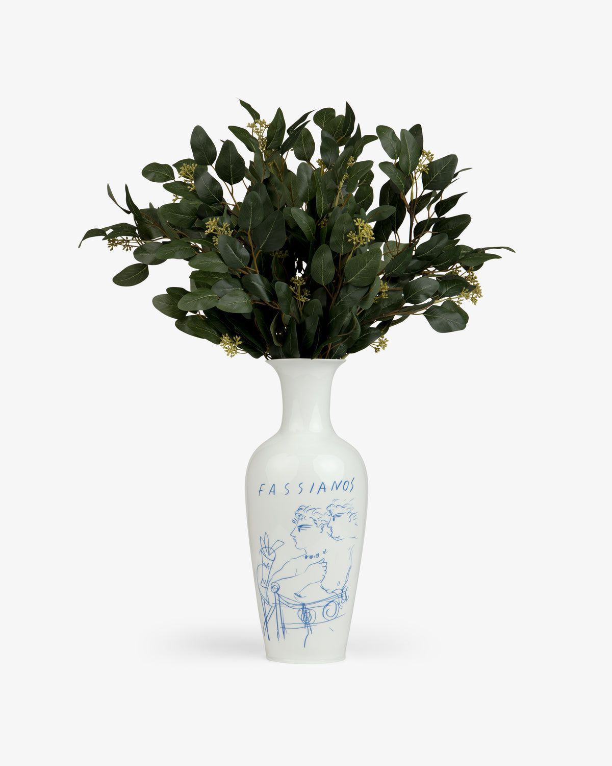 Fassianos "Rendez - Vouz" Vase with blue line art, holding leafy green branches and small white buds.