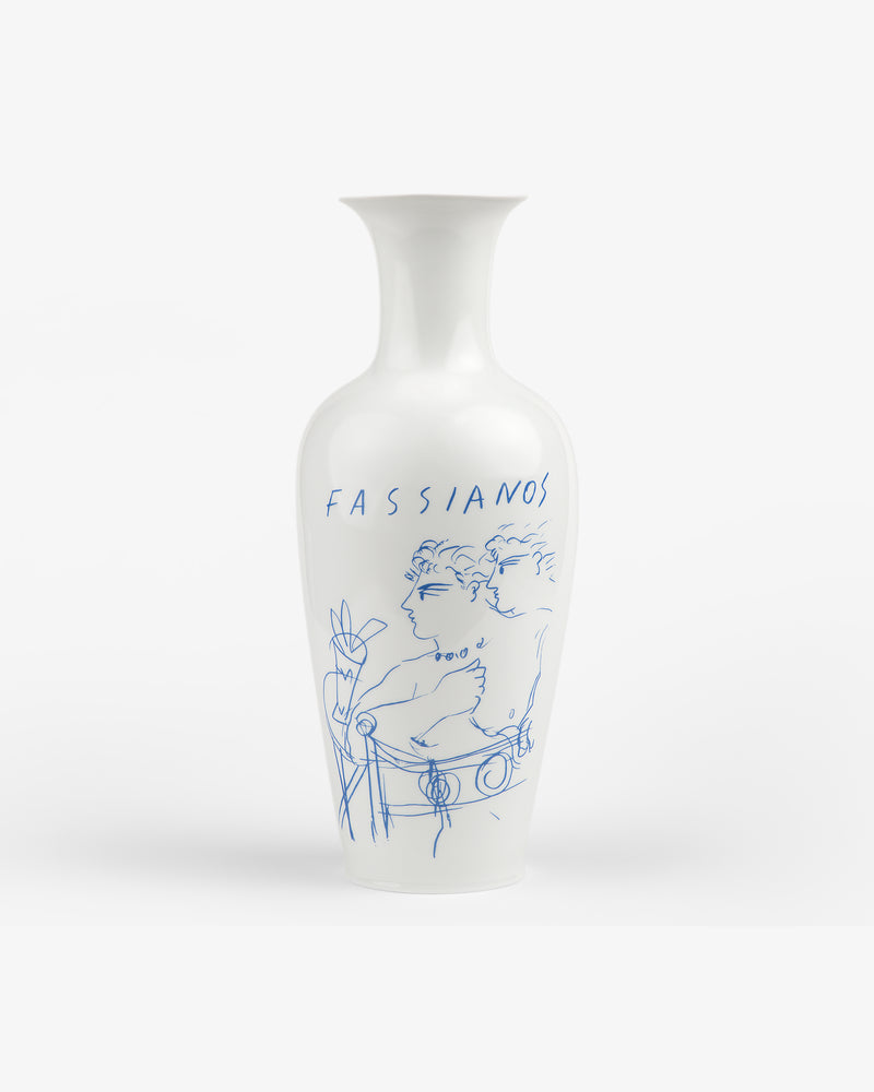 Fassianos "Rendez-Vouz" Vase: White ceramic with blue line art of two figures, Greek "FASSIANOS" lettering above.