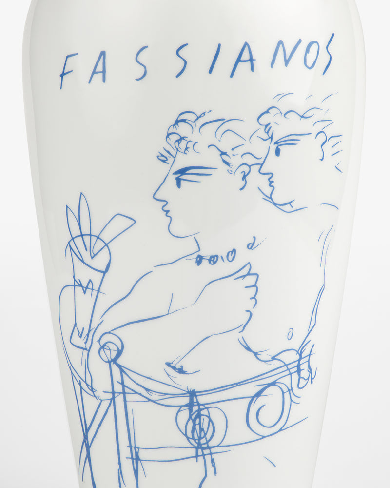 Fassianos "Rendez - Vouz" vase: white with blue line art of two figures and FASSIANOS at the top.