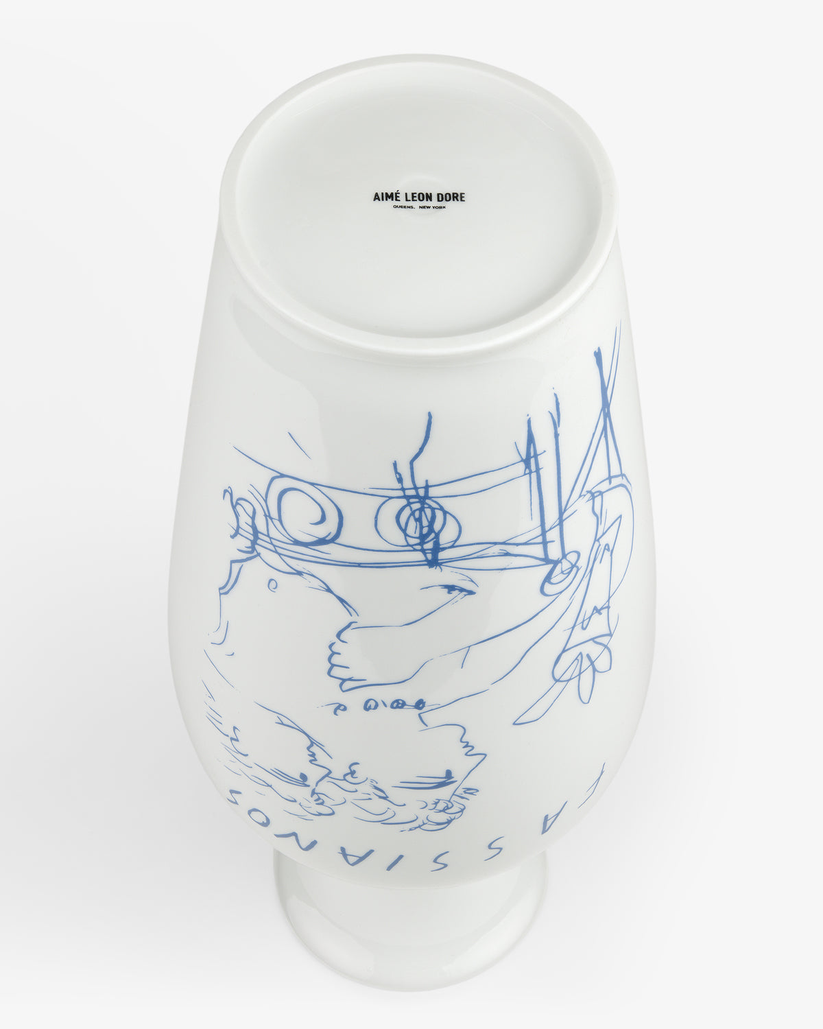 Fassianos "Rendez-Vouz" Vase: white ceramic with blue line art and AIME LEON DORE printed inside the base.