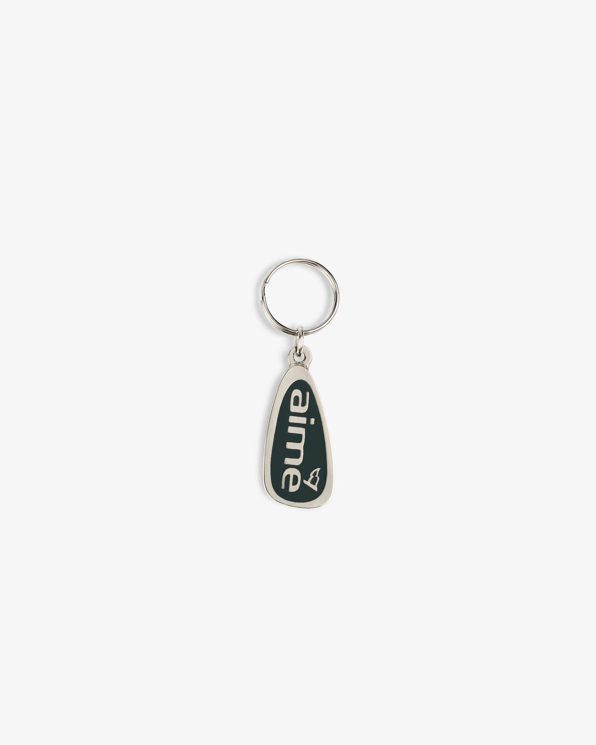 The ALD Golf Keychain is a silver keyring with a dark green teardrop tag that says "aime" in white letters.