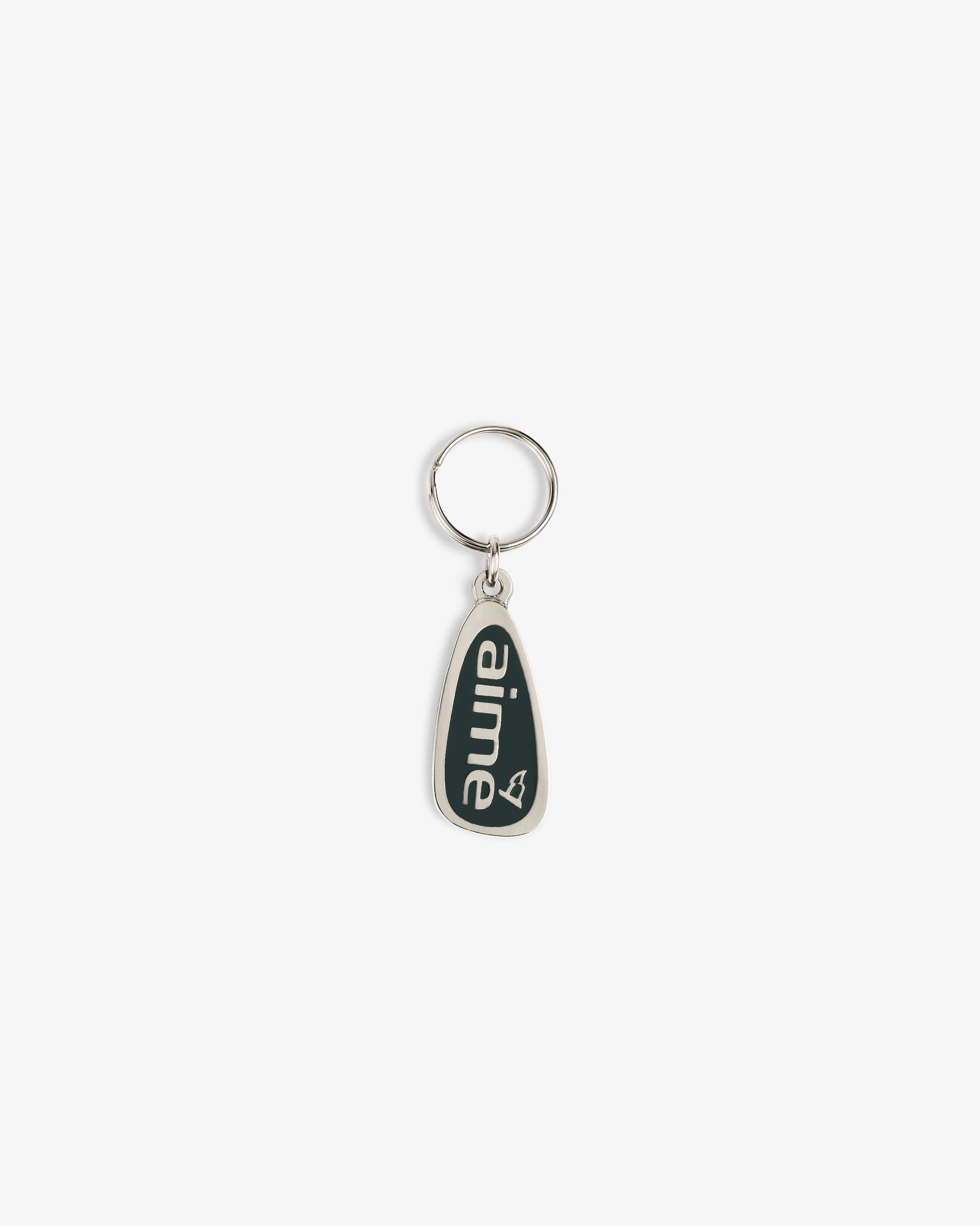 The ALD Golf Keychain is a silver keyring with a dark green teardrop tag that says "aime" in white letters.