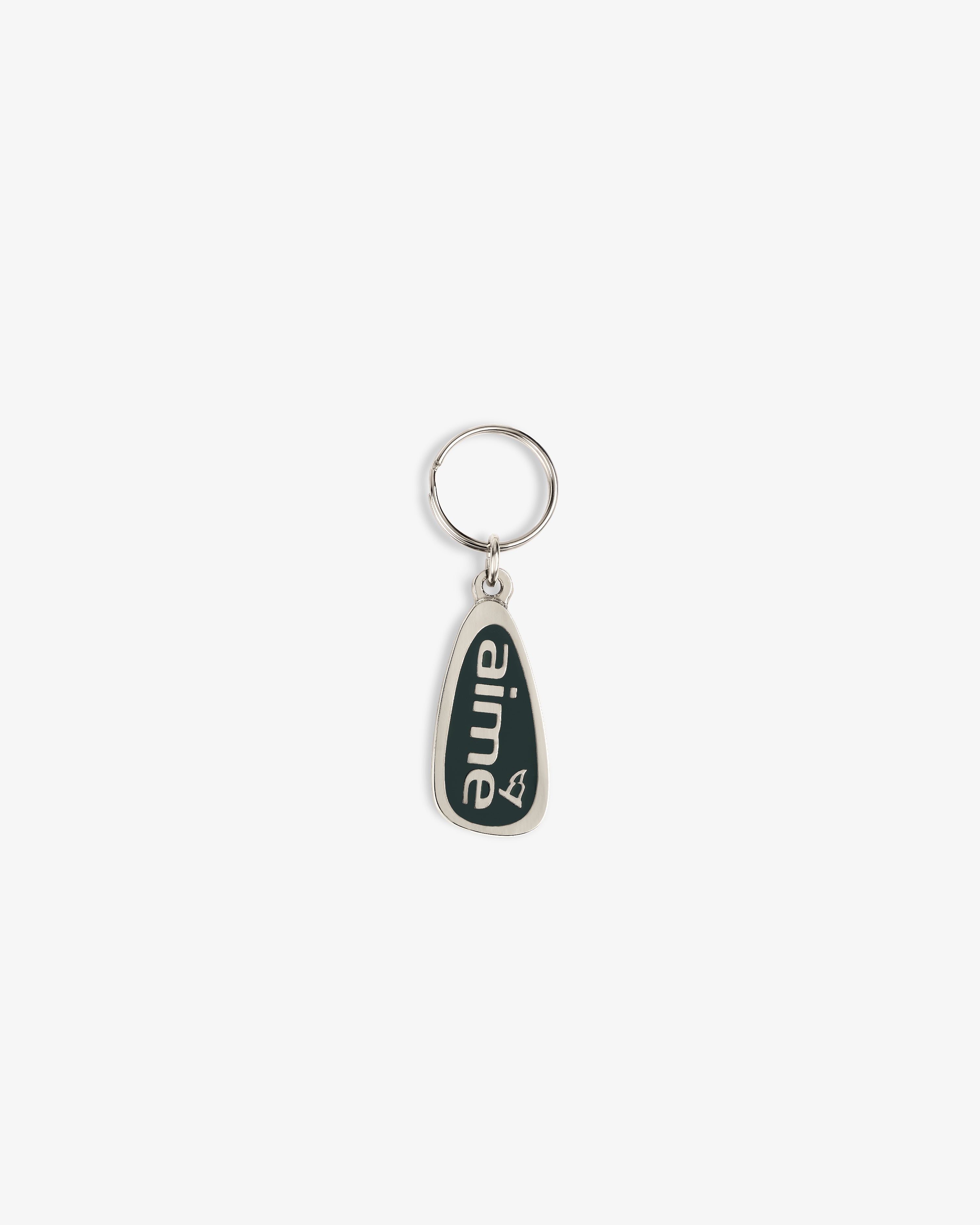 The ALD Golf Keychain is a silver keyring with a dark green teardrop tag that says "aime" in white letters.