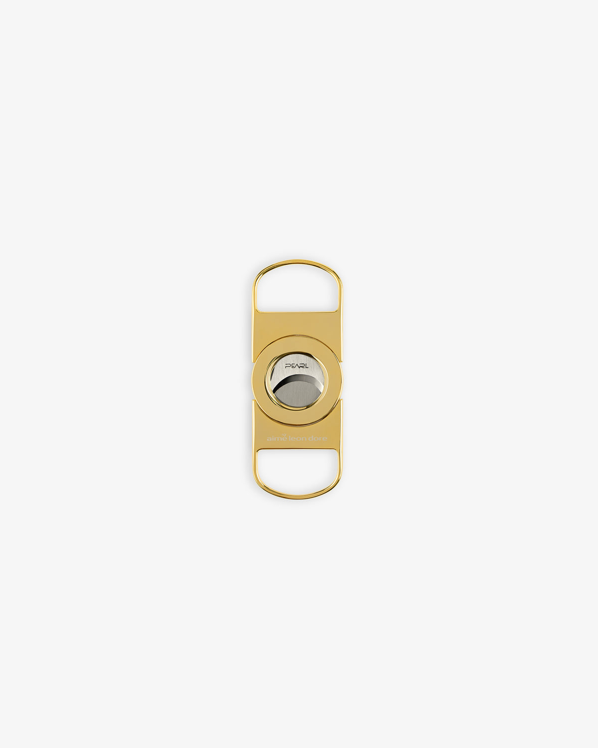 The ALD Golf Cigar Cutter is gold metal with a circular blade, two oval finger holes, on a white background.