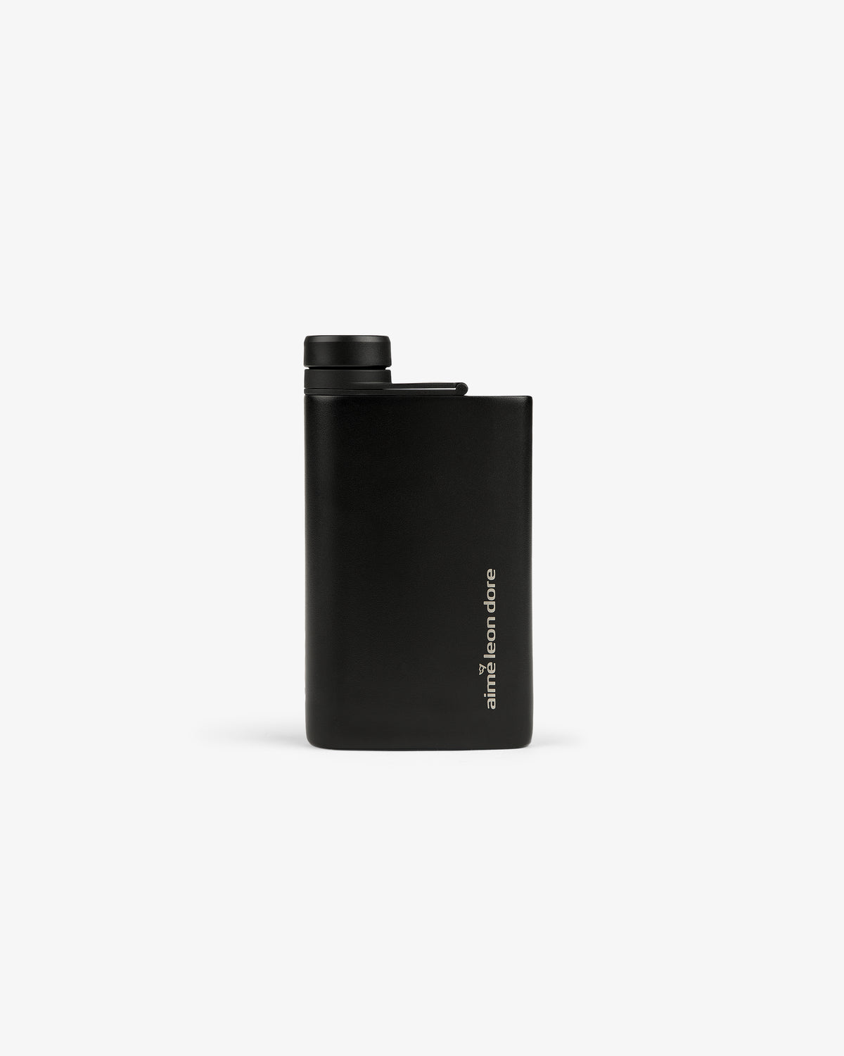 A sleek black ALD Golf 19th Flask with a screw cap and amir from circle printed vertically on the front.