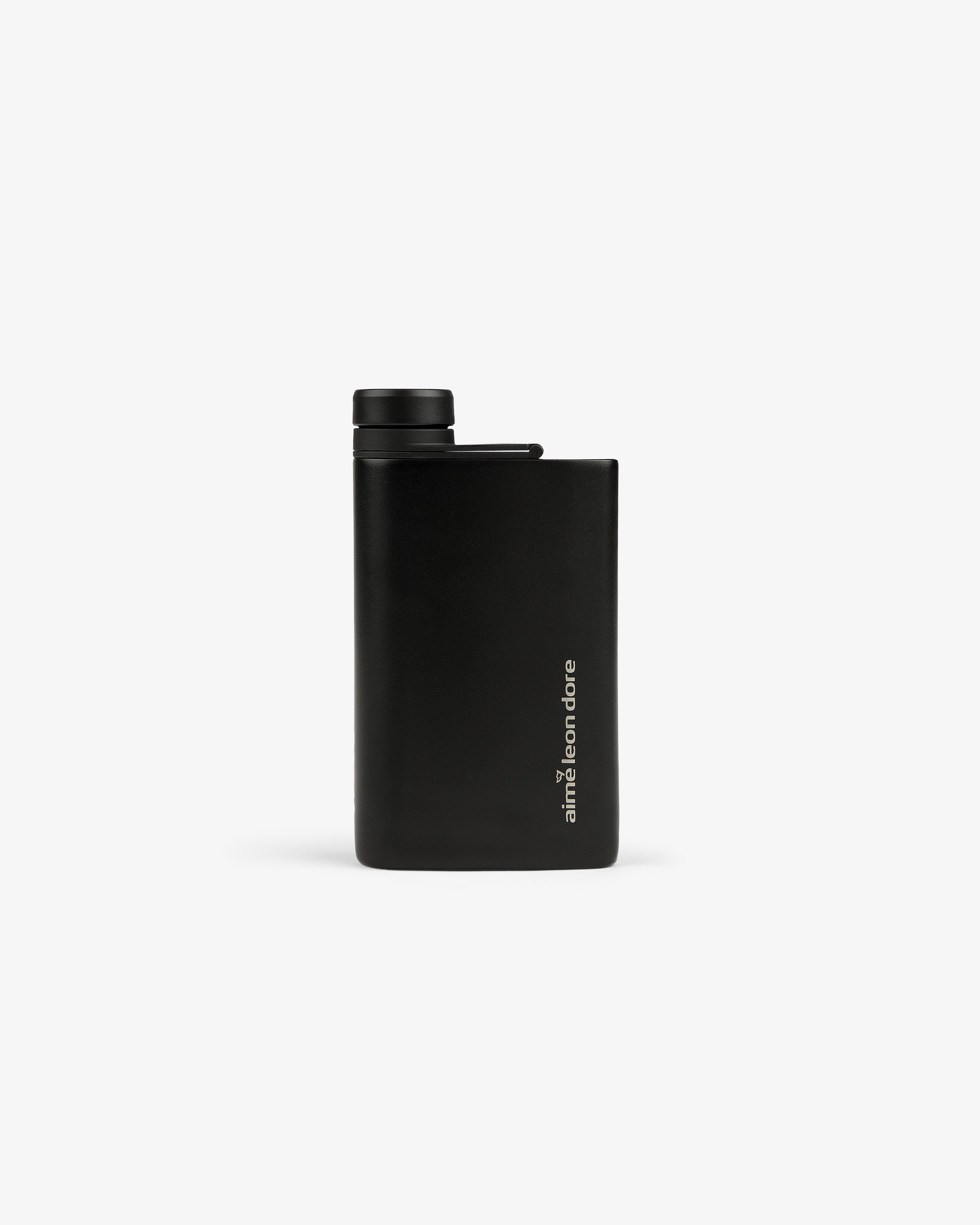 A sleek black ALD Golf 19th Flask with a screw cap and amir from circle printed vertically on the front.